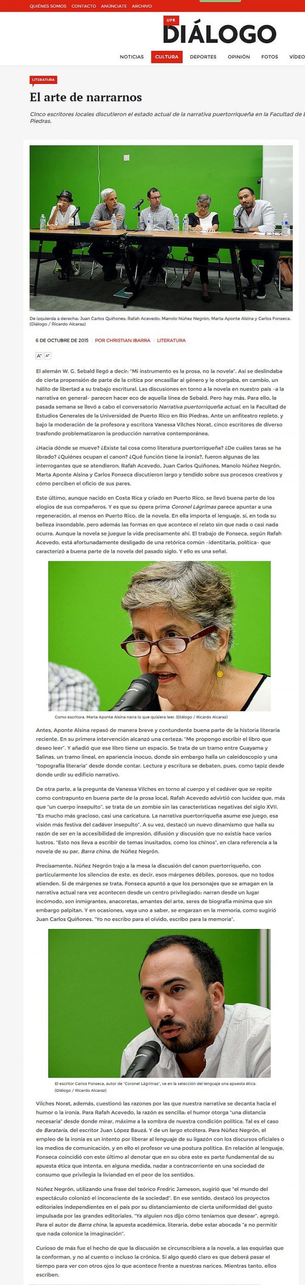 El arte de narrarnos, Narrativa Puertorriqueña Actual Reportaje del periódico Diálogo