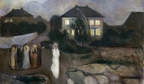 La tormenta (The Storm) de Edvard Munch del año 1893, La figura principal y el grupo detrás de ella cubren sus oídos para mantener fuera el sonido pavoroso de los fuertes vientos de una tormenta. En la obra de Munch se ve la preocupación por el  individuo solitario y separado de una comunidad. interpretación de texto del MOMa