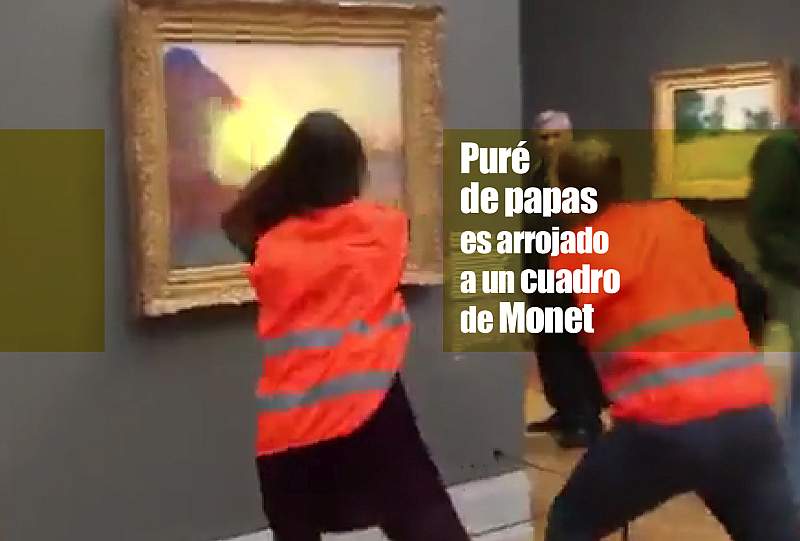 Puré de papas es arrojado a un cuadro de Monet........Dos activistas por la ecología lanzan Puré de papas al cuadro Los almiares de Monet en colección del Museo Barberini de Potsdam en Berlín