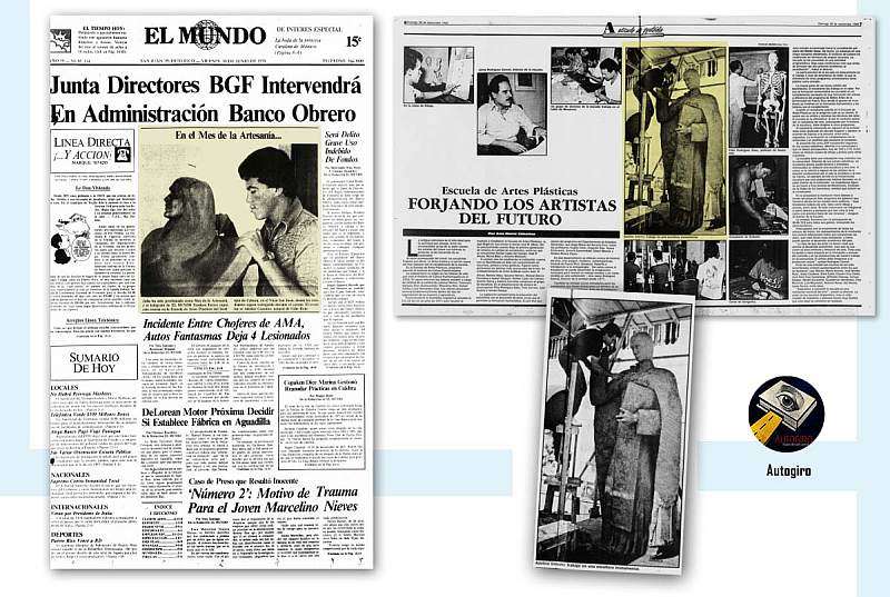 Adelino González, artista en la prensa del periódico El Mundo en 1978, el artista es reseñado en una fotografía, mientras elabora una pieza, en la portada del periódico por la celebración de julio como mes de la artesanía. En 1986 González se puede ver trabajando una escultura monumental que le tomará un año y que desarrolló en el patio de la Escuela de Artes plásticas.